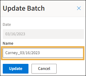 Update batch window with yellow highlight box around the name field.